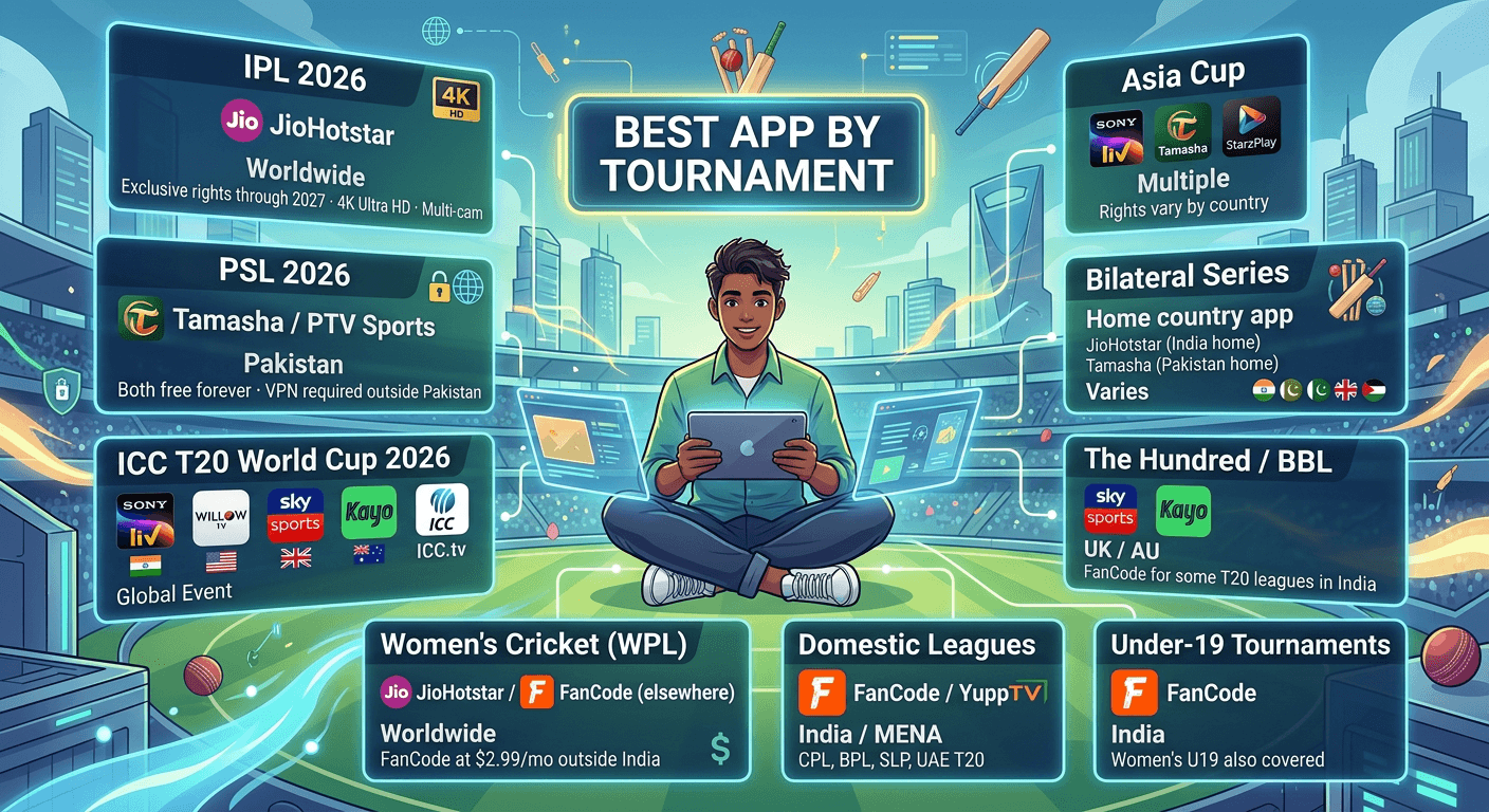 Cricket streaming apps by tournament and country coverage in 2026